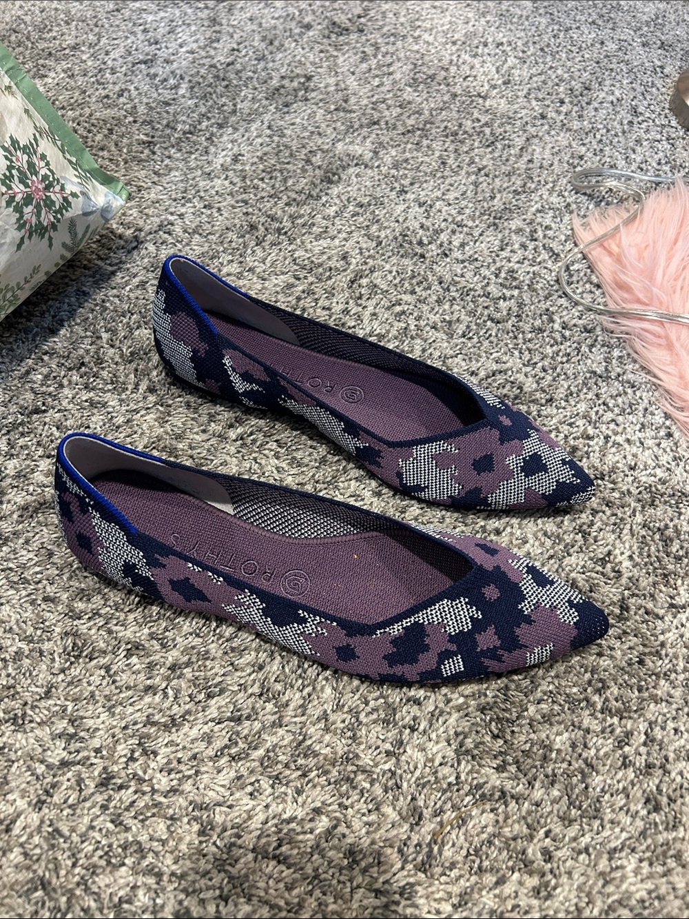 Rothy's Pointed Knit Floral Flats in Purple and Navy